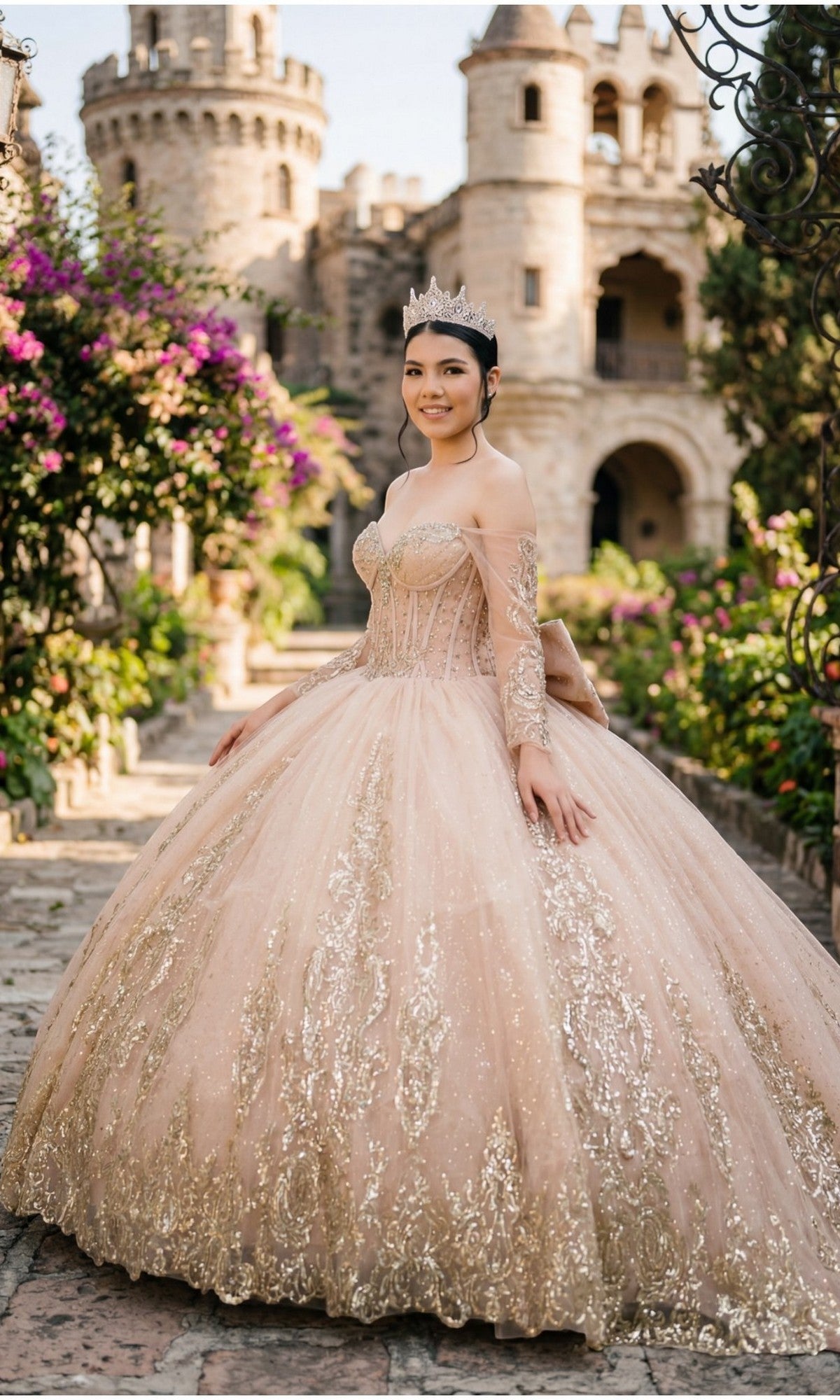 A young woman wears the Mocha Quinceanera Dress 8545JQ by Cinderella Couture, featuring an off-the-shoulder sweetheart neckline and beaded sequins, as she stands on a stone path before a flower-surrounded castle.